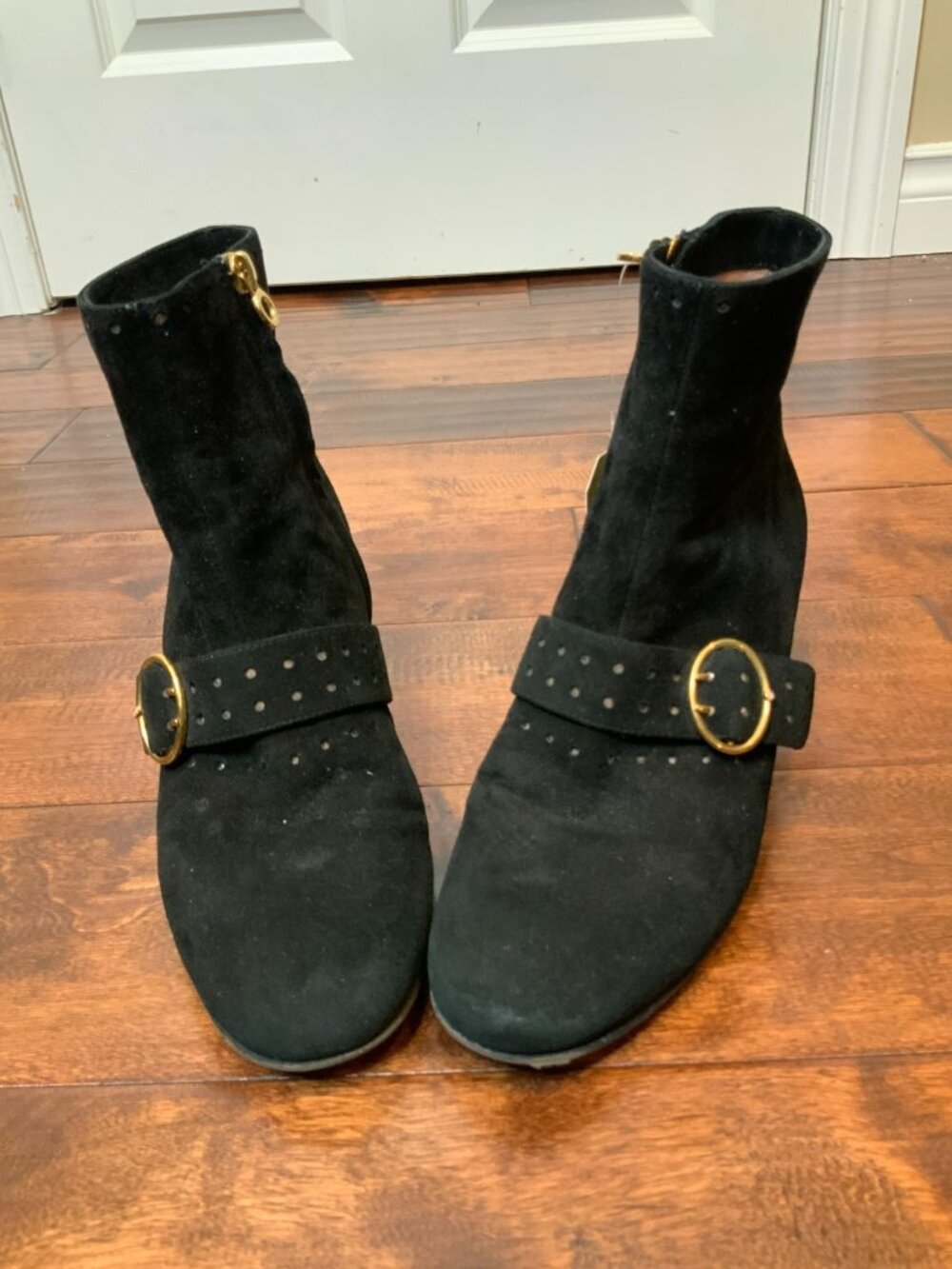 L'Autre Chose Black Leather Gold Buckle Block Heel Ankle Boots, Size 9 | 39.5